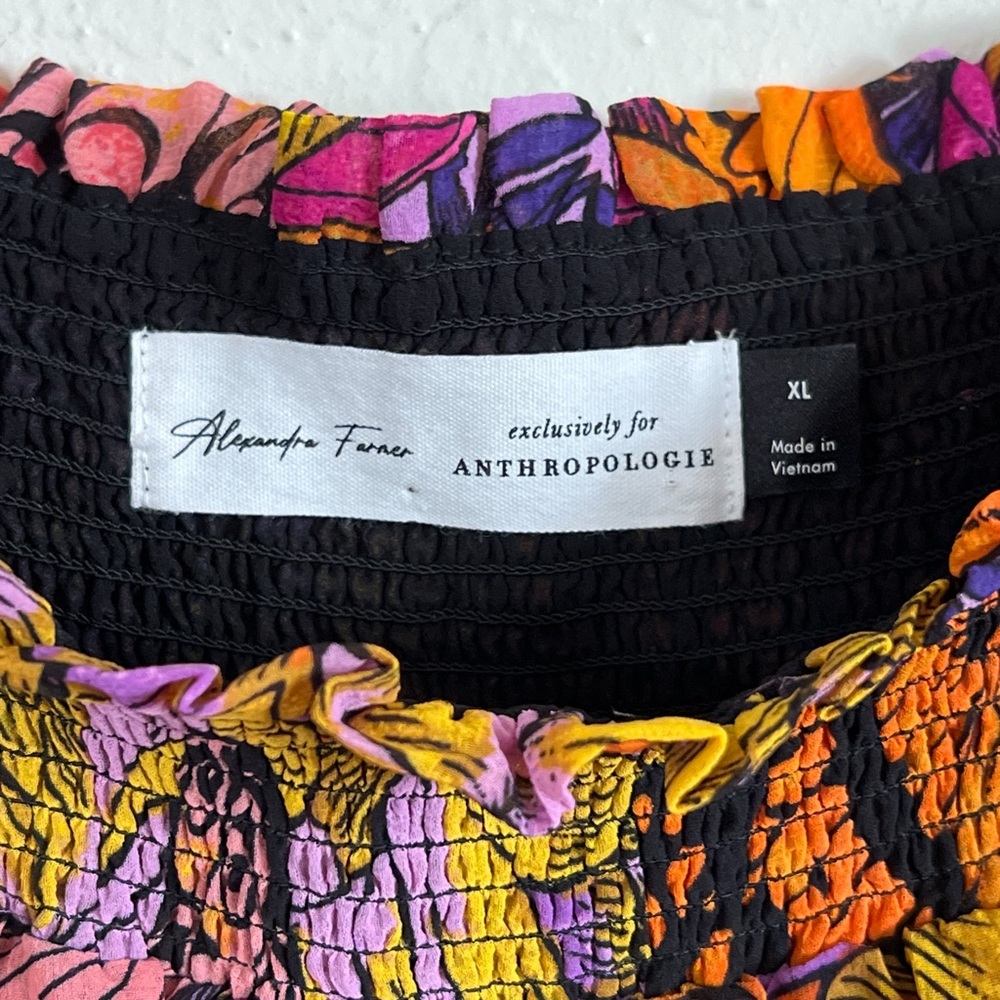 Anthropologie Alexandra Farmer Floral Butterfly Smocked Puff Sleeve Blouse XL - Picture 8 of 10